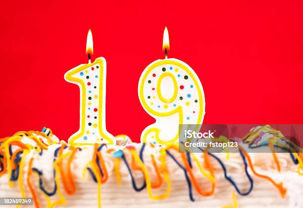 Decorated Cake With Number 19 Burning Candles Stock Photo - Download Image Now - Birthday, Birthday Cake, Birthday Candle
