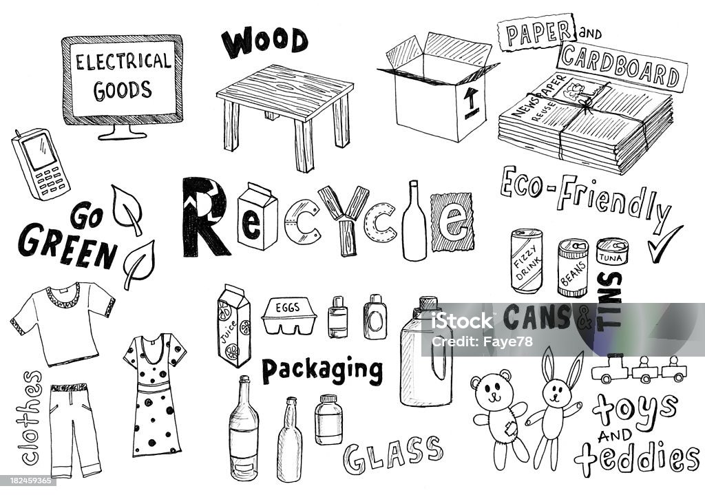 Recycle doodles! Lots of drawing associated with recyling from newspapers to television sets. Doodle stock illustration