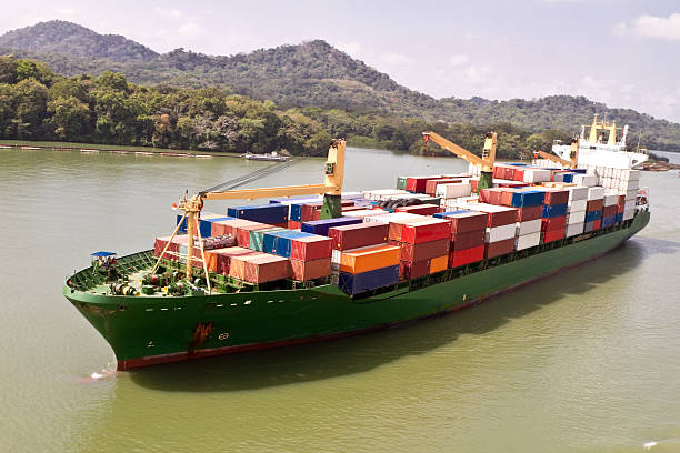 수거용기 선박에 파나마운하 - panama canal panama global finance container ship 뉴스 사진 이미지