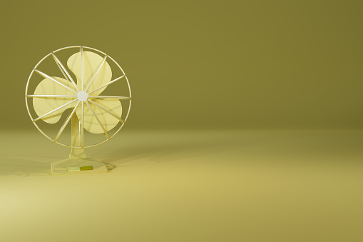 3d render of retro table fan with yellow background