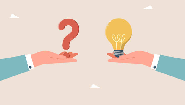 Question mark and light bulb in hands Brainstorming to solve business problems, creativity and intelligence to create new ideas and opportunities, thought process and logic to achieve goals, question mark and light bulb in hands. resourceful stock illustrations