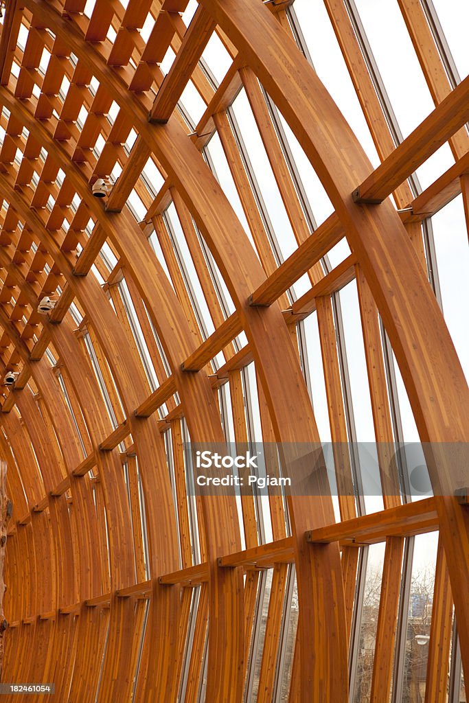 Modern futuristic building interior Recycled wood and lumber business interior Abstract Stock Photo