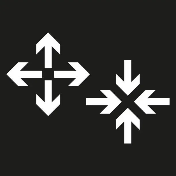 Vector illustration of Black arrows inward outward. Pointer arrow icon. Line emblem. Navigation pointer. Vector illustration.