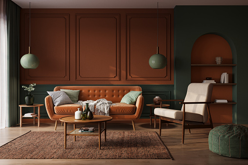 Interior design of modern apartment with colorful dark walls and orange sofa. Interior mockup