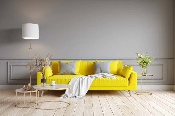 istock modern nordic style living room interior design. yellow sofa on gray wall. 3d render 1824621601
