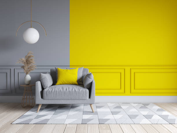 istock Modern living room interior design.  yellow and gray paint wall with gray sofa . 3d render 1824621606