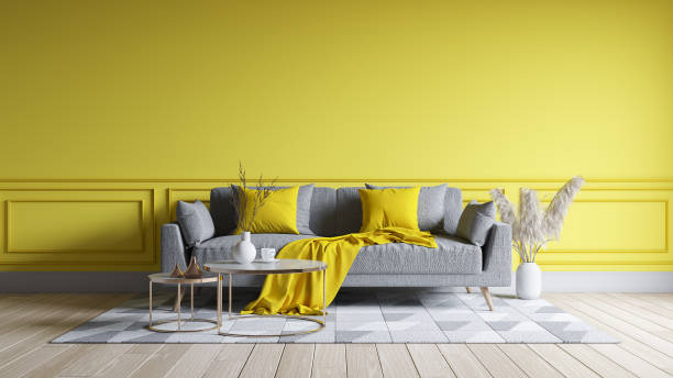istock Modern living room interior design.  yellow paint wall with yellow sofa . 3d render 1824621688