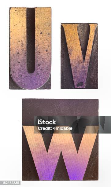 U V W Vintage Wood Letterpress Alphabet Stock Photo - Download Image Now - Antique, Characters, Color Image