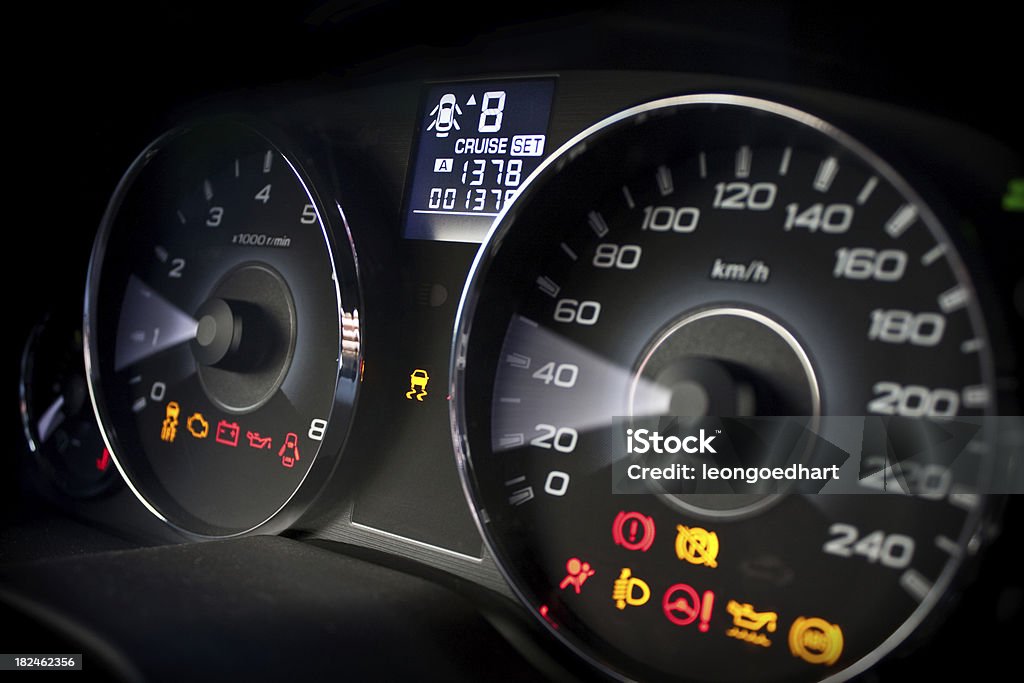 Speedometer and tachometer Speedometer and tachometer with dashboard control icons Car Stock Photo