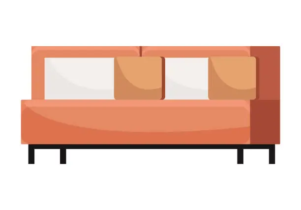 Vector illustration of Comfortable red couch with pillows, sofa furniture isolated. Classic and modern divan design