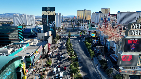 Las Vegas Strip At Las Vegas In Nevada United States. Landmark Tourism Travel. Illuminated Las Vegas Skyline. Las Vegas Strip At Las Vegas In Nevada United States.