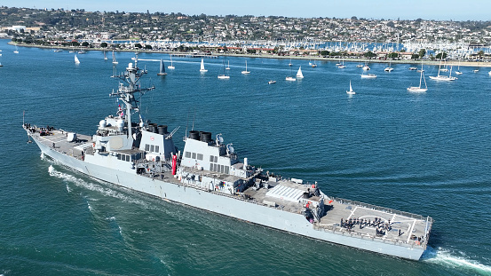 Navy Ship At San Diego In California United States. Famous Coast City. Harbor Island. Navy Ship At San Diego In California United States.