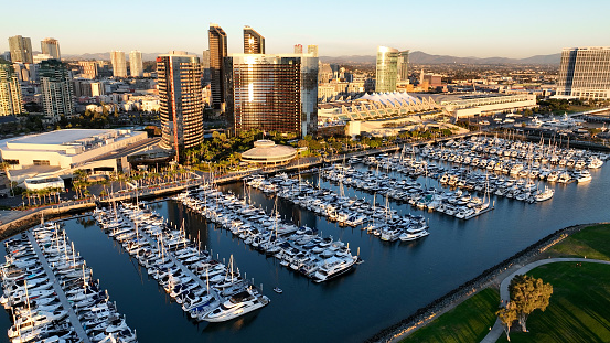 Scenic aerial panoramic long exposure view of the San Diego bay and marina at night, Southern California