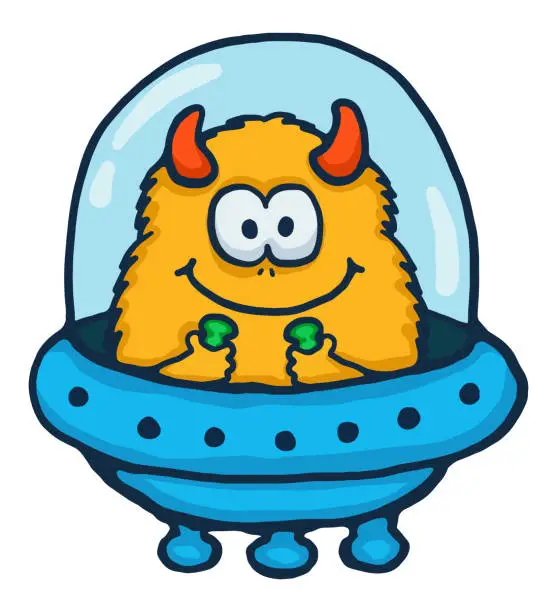 Vector illustration of Funny monster alien in a ufo spaceship cartoon isolated on white background