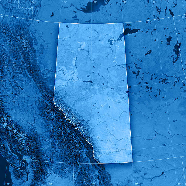 Alberta Topographic Map "3D render and image composing: Topographic Map of Alberta, Canada. Including state borders, rivers and accurate longitude/latitude lines. High resolution available! High quality relief structure!Relief texture and satellite images courtesy of NASA. Further data source courtesy of CIA World Data Bank II database.Related images:" alberta stock pictures, royalty-free photos & images