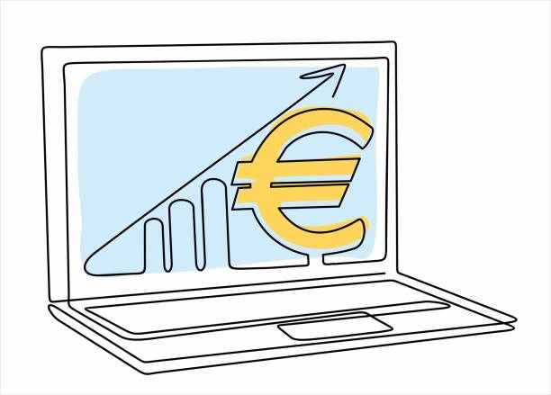 einzelne einzeilige zeichnung von steigenden pfeilen, balkendiagrammzeichen und eurozeichen auf dem bildschirm, laptop. geschäft, finanzen, absatz, marktwachstum, leistung, minimales konzept. eine durchgehende linienzeichnung. - graph arrow sign chart single line stock-grafiken, -clipart, -cartoons und -symbole