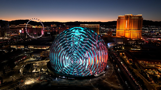 Sphere At Las Vegas In Nevada United States. Landmark Tourism Travel. Illuminated Las Vegas Skyline. Sphere At Las Vegas In Nevada United States.