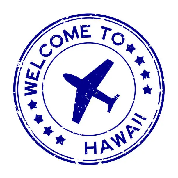 Vector illustration of Grunge blue welcome to word hawaii with plane icon round rubber seal stamp on white background