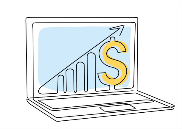 einzelne einzeilige zeichnung von steigenden pfeilen, balkendiagrammzeichen und dollarzeichen auf dem bildschirm des laptops. geschäft, finanzen, absatz, marktwachstum, leistung, minimales konzept. eine durchgehende linienzeichnung. - graph arrow sign chart single line stock-grafiken, -clipart, -cartoons und -symbole