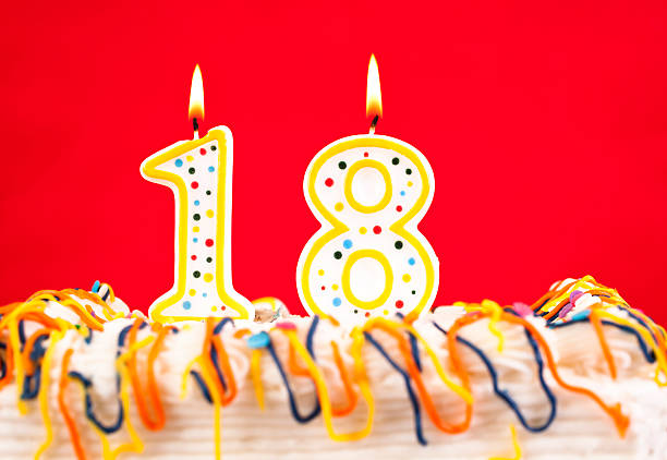 istock Decorated birthday cake with number 18 burning candles. Red background. 182464069