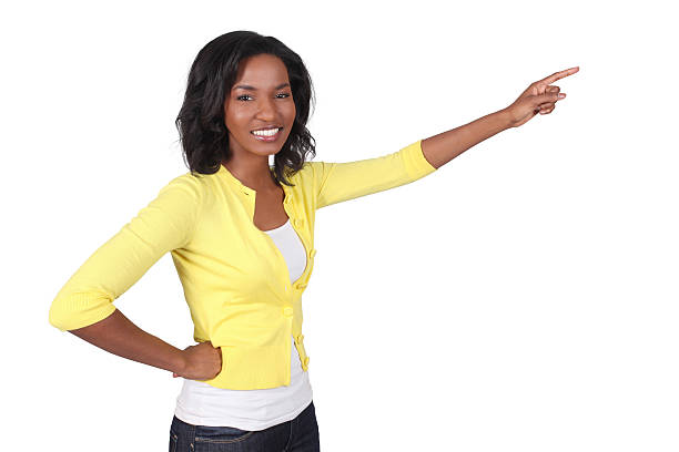 istock Isolated casual female pointing 182464365