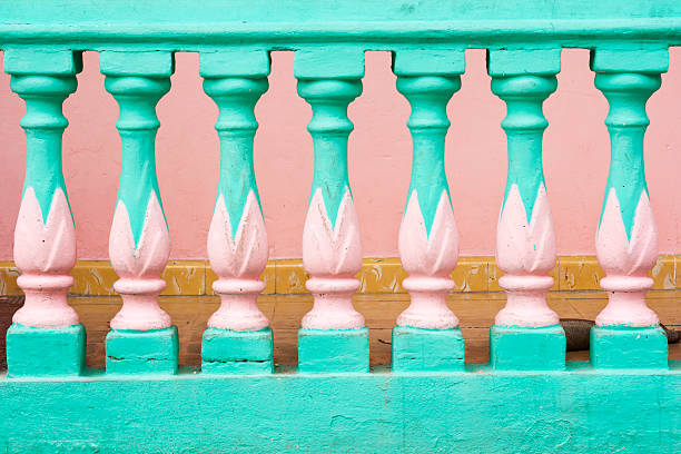 istock Architectural Brightly Painted Aqua, Pink Balcony Balustrade Style Detail, Mexico 182464465