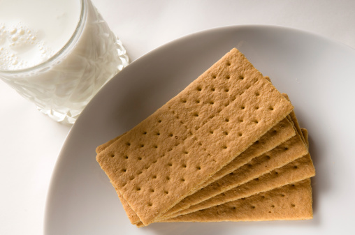 A white plate of delicious stack graham crackers and a frosty iced cold glass of milk read to eat shot from above.