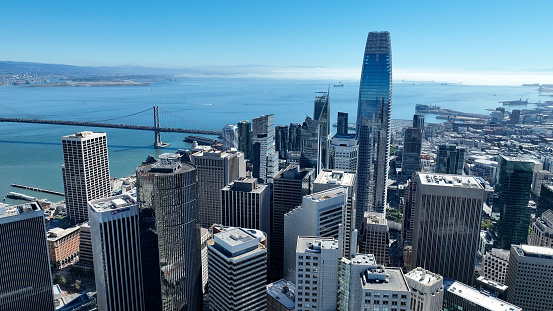 Aerial view between skyscrapers in San Francisco's Financial district. Looking down Sansome Street towards the Bay on a sunndy day.