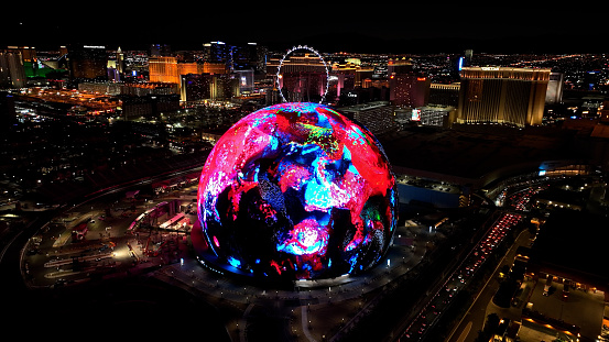 Sphere At Las Vegas In Nevada United States. Famous Night Landscape. Entertainment Scenery. Sphere At Las Vegas In Nevada United States.