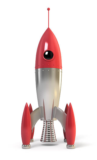 Red and metallic rocket ready for space travel stock photo