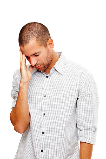 istock Young guy holding head in pain against white 182466747