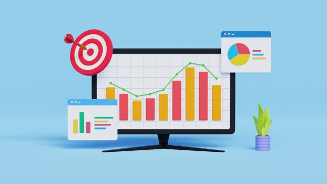 3D business data analysis. Financial statistics, market analysis, target, Business strategy, finance, stock investment exchange. Desktop monitor with data graph. 4k 3d video animation