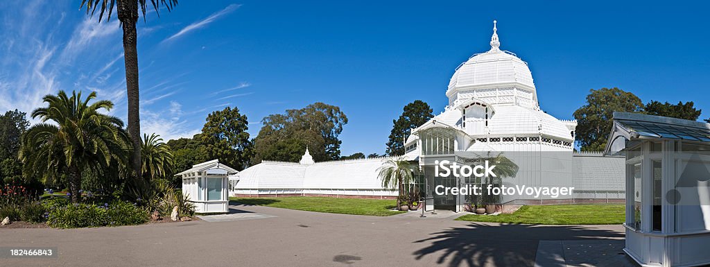 San Francisco Golden Gate Park Conservatory Flowers summer panorama California "The bright white dome and curved walls of the Conservatory of Flowers, the ornate 19th Century pavilion in the heart of the Golden Gate Park, Haight Ashbury, San Francisco. ProPhoto RGB profile for maximum color fidelity and gamut." American Culture Stock Photo