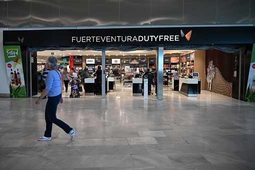 Puerto del Rosario, Fuerteventura, Spain, November 29, 2023 - Duty free store in the departure hall of Puerto del Rosario airport on your flight.