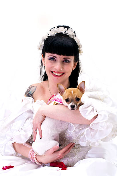 Happy bride with puppy ring bearer.