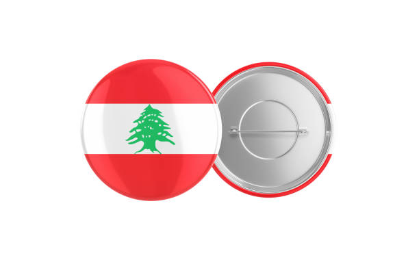 Flag of lebanon, glossy round button with white frame isolated on white. 3D illustration