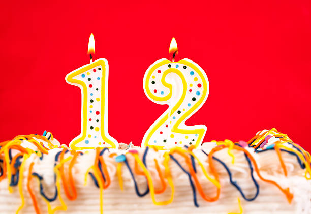istock Decorated birthday cake with number 12 burning candles. Red background. 182468393