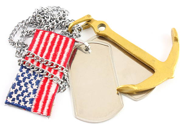 istock Blank dog tags with US flag and golden anchor 182468972