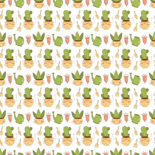 Vector illustration of Seamless pattern with cute cacti characters on a white background. Flat color vector illustration.