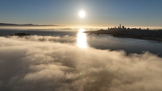 Sunrise Over Water At San Francisco In California United States. Megalopolis Downtown Cityscape. Business Travel. Sunrise Over Water At San Francisco In California United States.