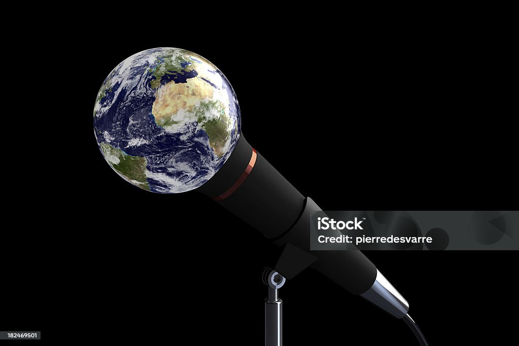Conceito: Abordar o mundo microfone público com espaço para texto - Foto de stock de Globo terrestre royalty-free