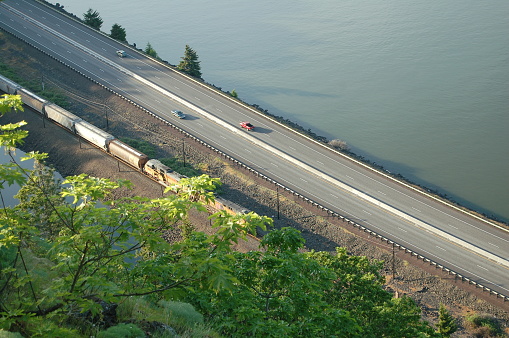 Aerial view of the Columbia River, I-84, and railroad