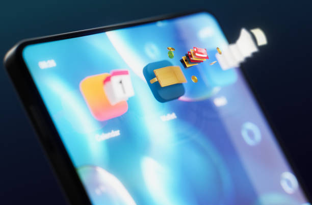 Conceptual 3D application icons emerging out of the smartphone screen. The apps pop out of the device screen into three dimensional space.