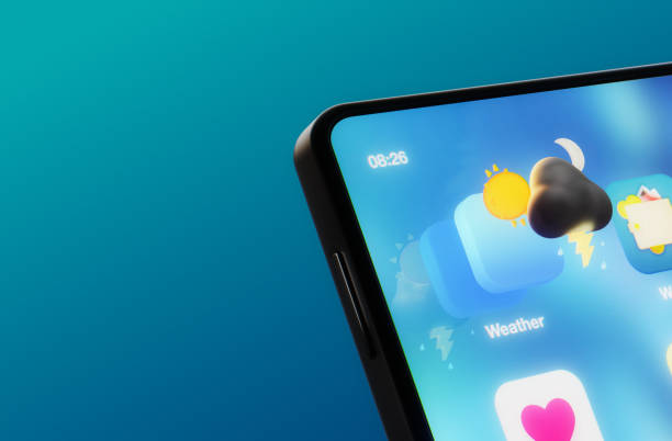 Conceptual 3D meteorology application for checking the weather. The icon is emerging out of the smartphone screen. The app pops out of the device screen into three dimensional space.