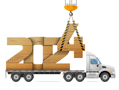 Big wooden year number in back of truck. Vector image for new years day, christmas, transportation, winter holiday, new years eve, trucking, silvester, etc