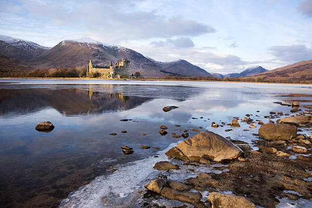 Kilchurn Castle, Loch Awe Looking across a partly frozen Loch Awe to Kilchurn Castle on a winter's evening. scottish highlands castle stock pictures, royalty-free photos & images