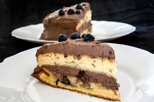 Blueberry cake and dark chocolade cake on a white plate