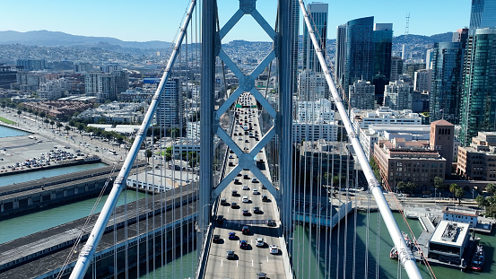 Oakland Bay Bridge At San Francisco In California United States. Cable Bridge Aerial Landscape. Freeway Road Scenery. Oakland Bay Bridge At San Francisco In California United States.