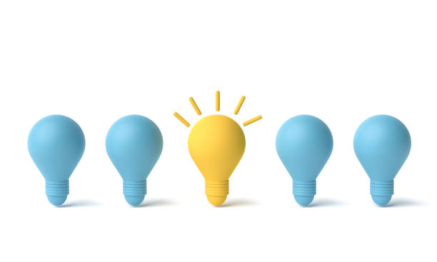 istock 3D render, 3D illustration. Yellow light bulb standing out from the unlit incandescent blue bulbs on white background. Different creative idea concepts 1824719164