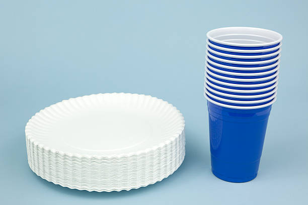 용지 컵과 플레이트를 및 blue - disposable cup cup stack blue 뉴스 사진 이미지